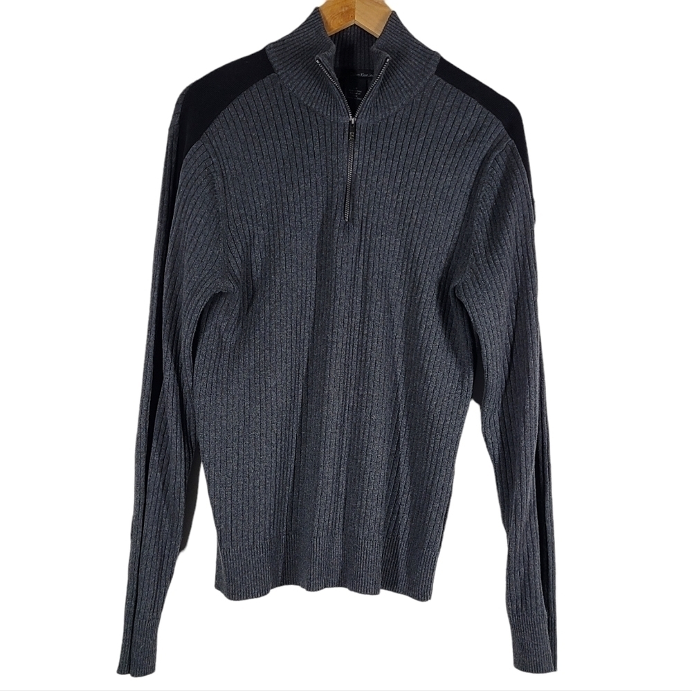 Calvin Klein Jeans Men's Large 1/4 Zip Long Sleeve‎ Gray Sweater 100% Cotton